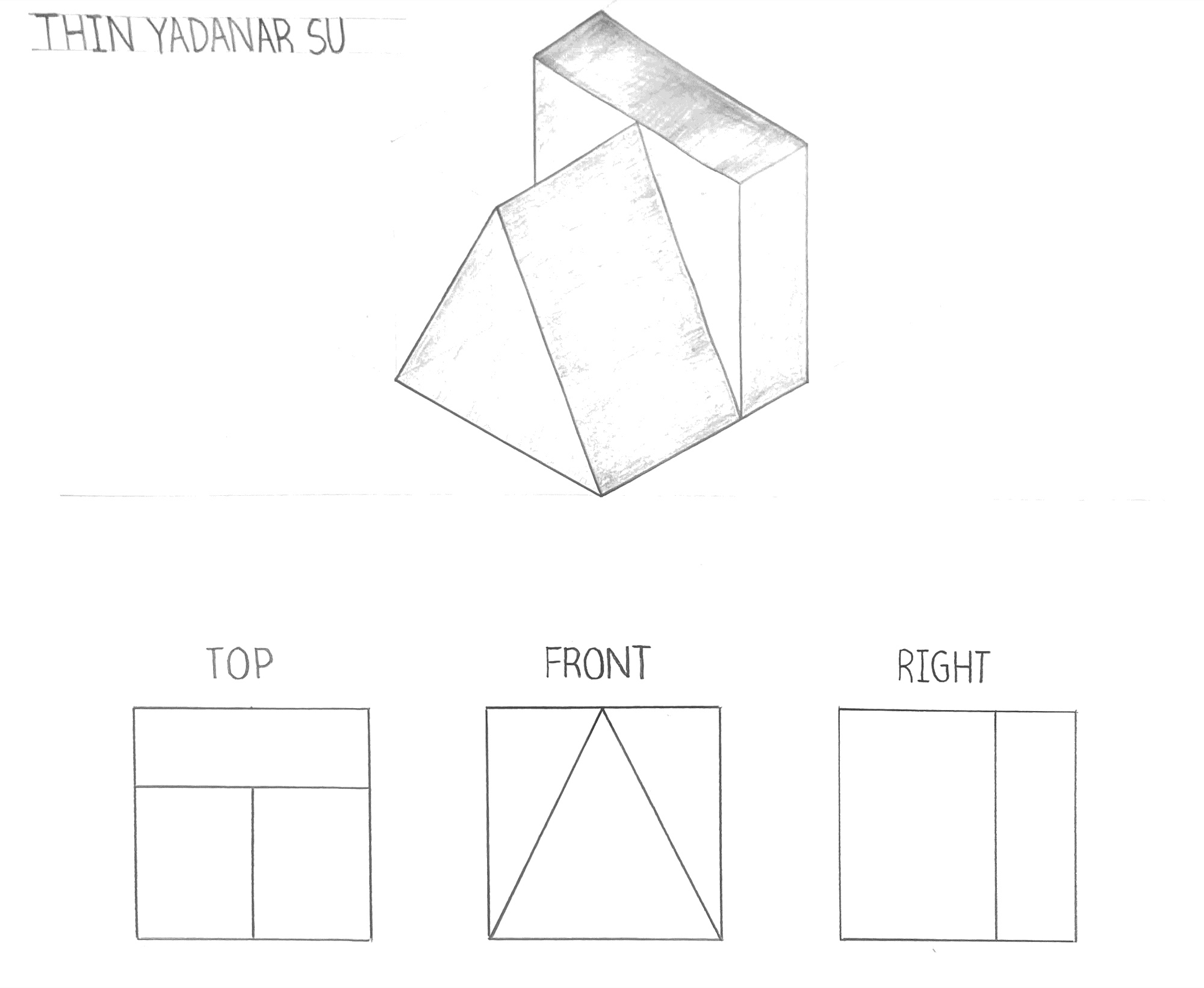 Orthographic projection Study 02: isometric with top, front and right views