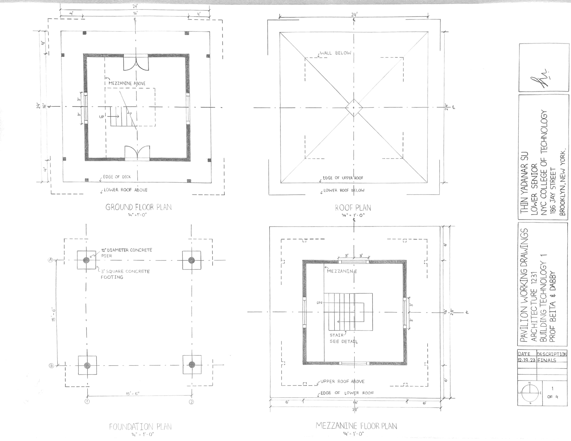 Pavilion Working Drawings, sheet 1 of 4: Ground, Roof, Foundation & Mezzanine Plans