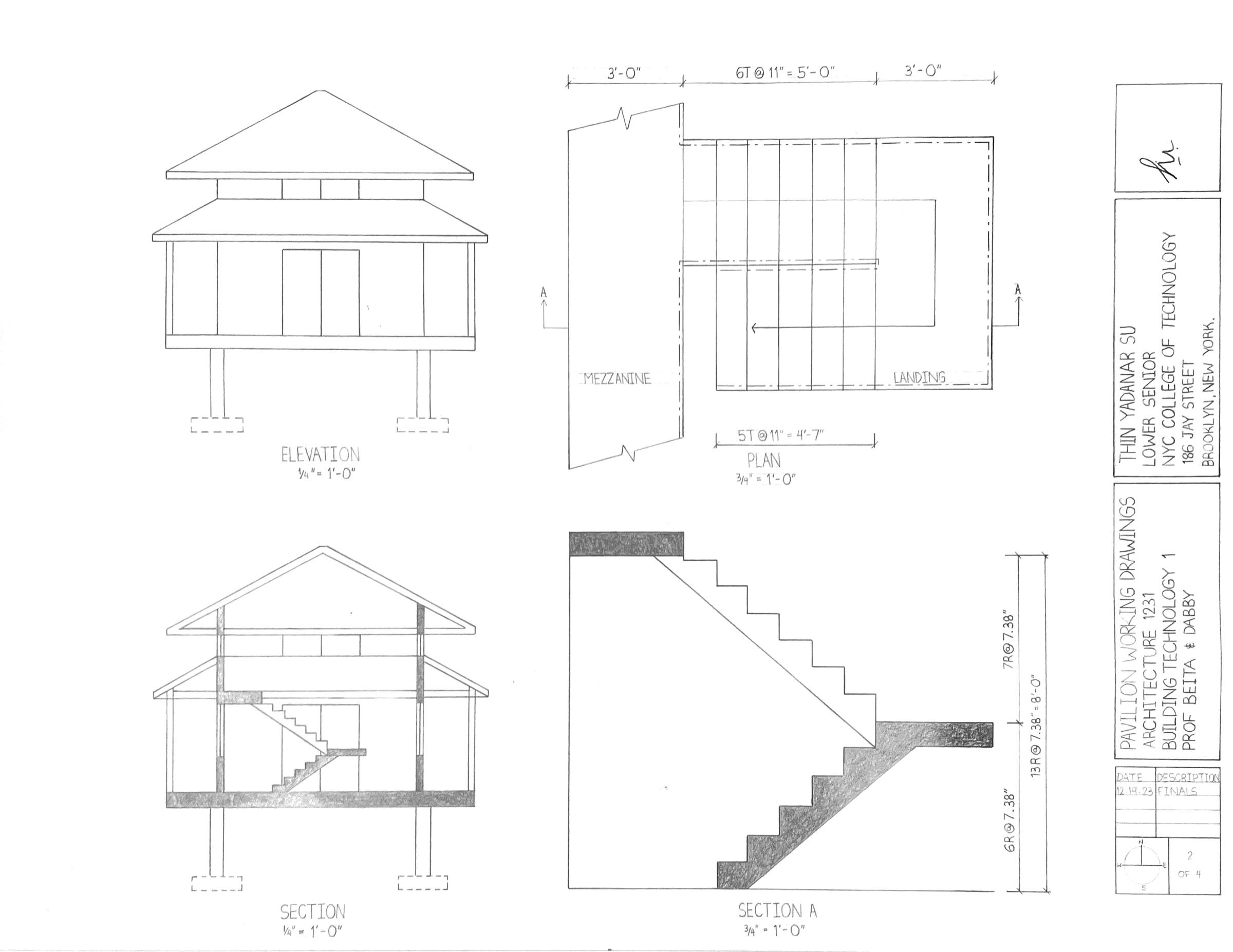 Pavilion Working Drawings, sheet 2 of 4: Elevation, Section & Stair Detail